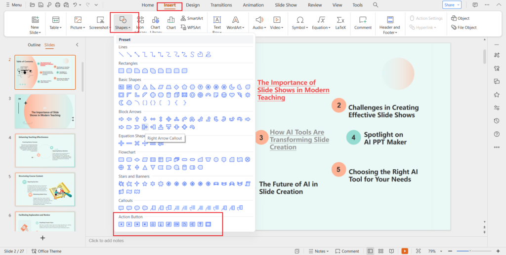 Go to Insert > Shapes and select an action button - AI PPT Maker