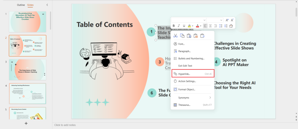 Select the text in your PowerPoint table of contents - AI PPT Maker