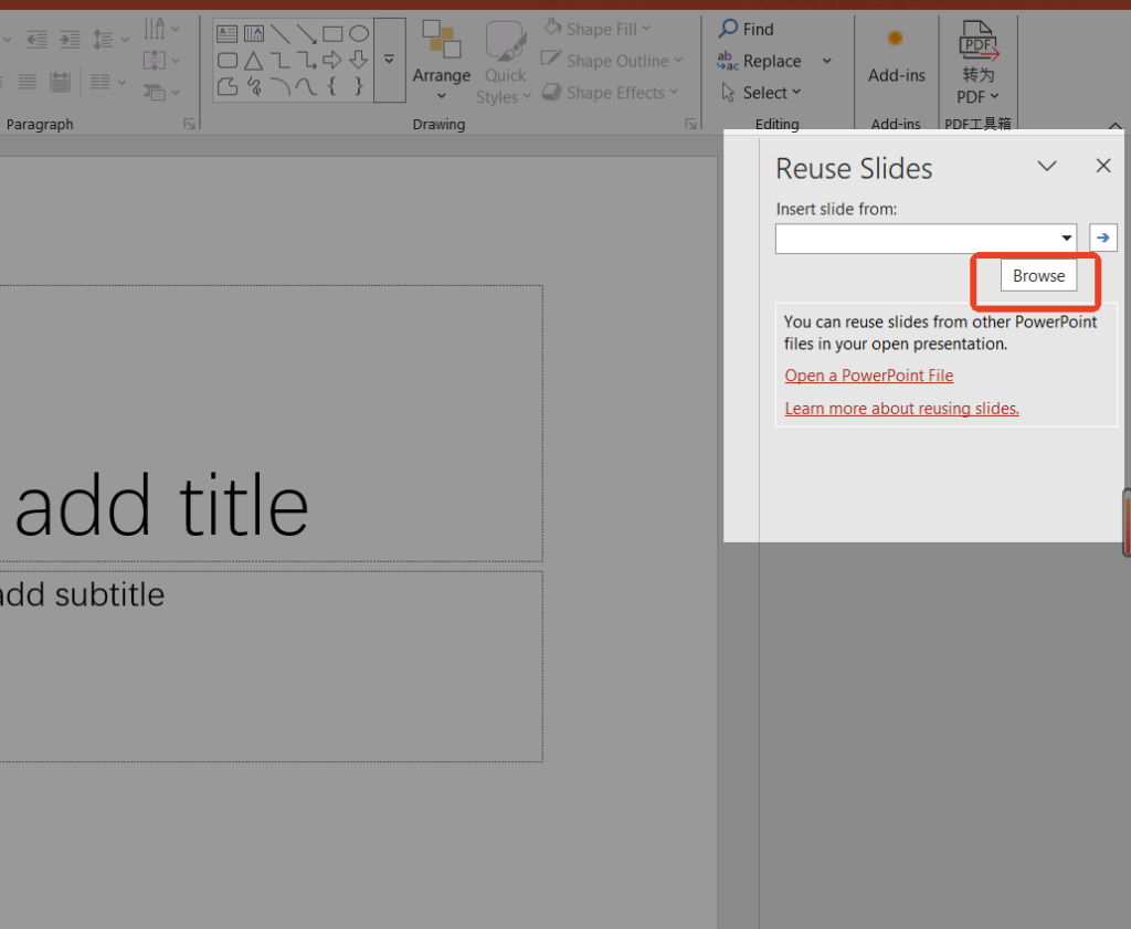 Browse to the presentation you want to merge in