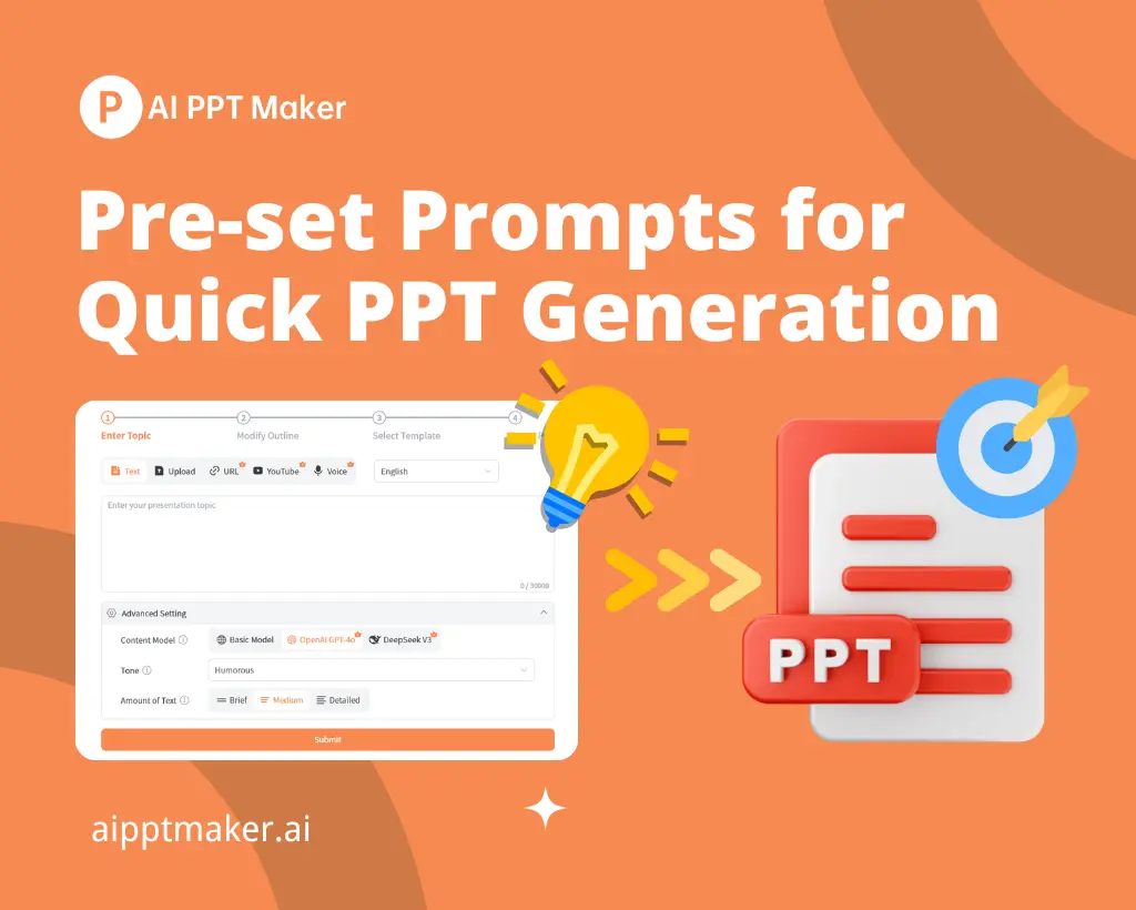 Highlights of the Text to PPT: Pre-set Prompts for Quick PPT Generation - AI PPT Maker